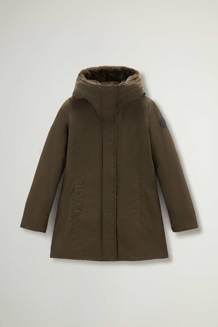 Boulder Parka in Ramar Cloth with Hood and Detachable Faux Fur Trim Green photo 6 | Woolrich