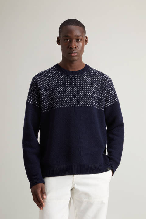 Pure Wool Crewneck Sweater with Embroidery Blue | Woolrich