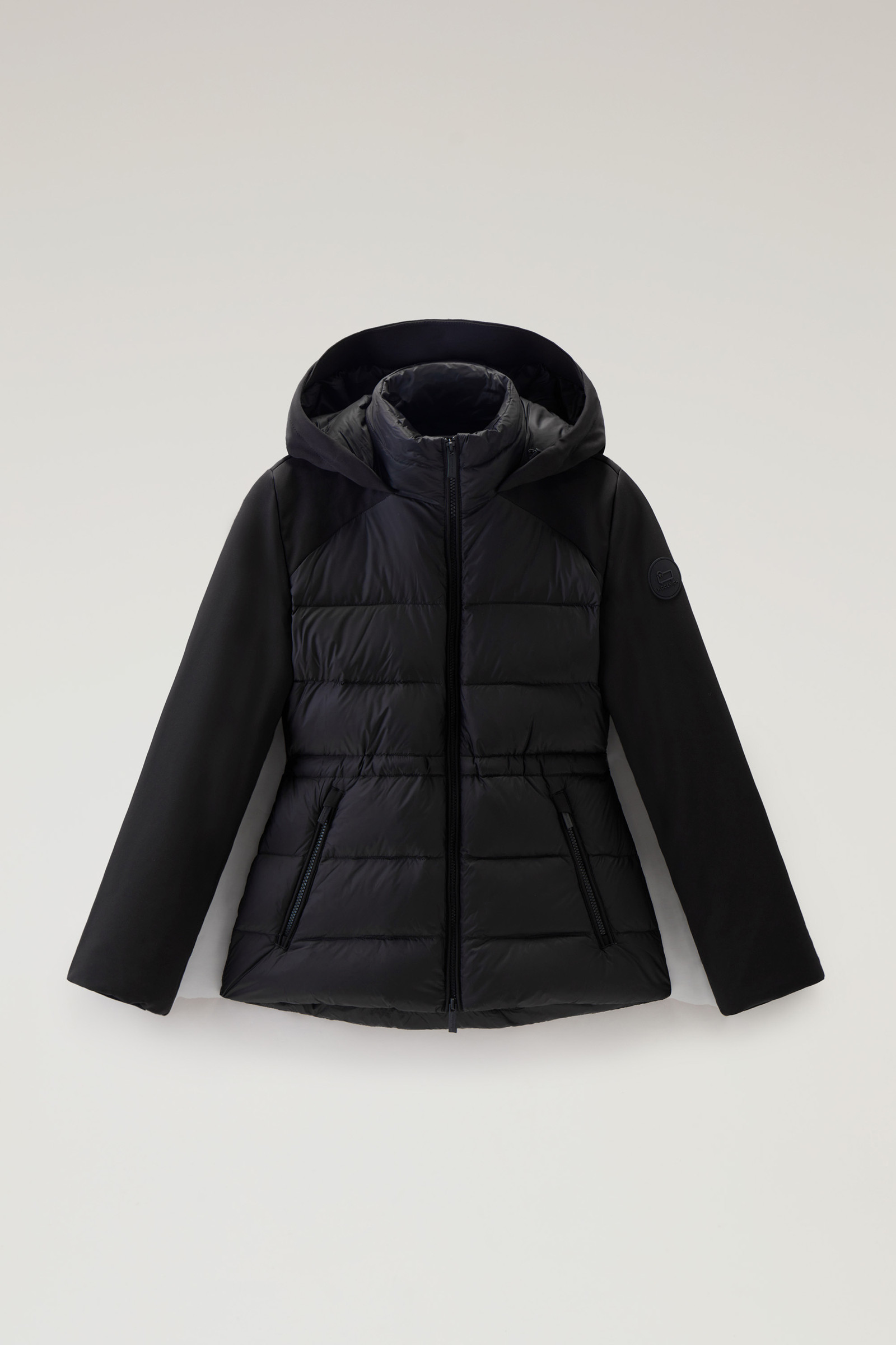 Hybrid Hooded Down Jacket in Tech Softshell Black