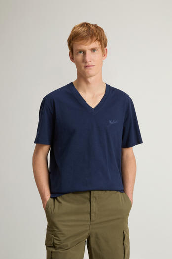 Pure Cotton Slub T-Shirt with V-Neck Blue | Woolrich