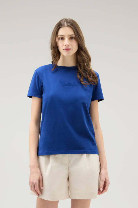 Pure Cotton T-Shirt with an Embroidered Logo Blue | Woolrich