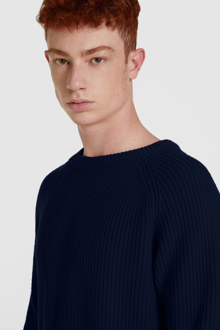 Rib-stitched wool crewneck sweater