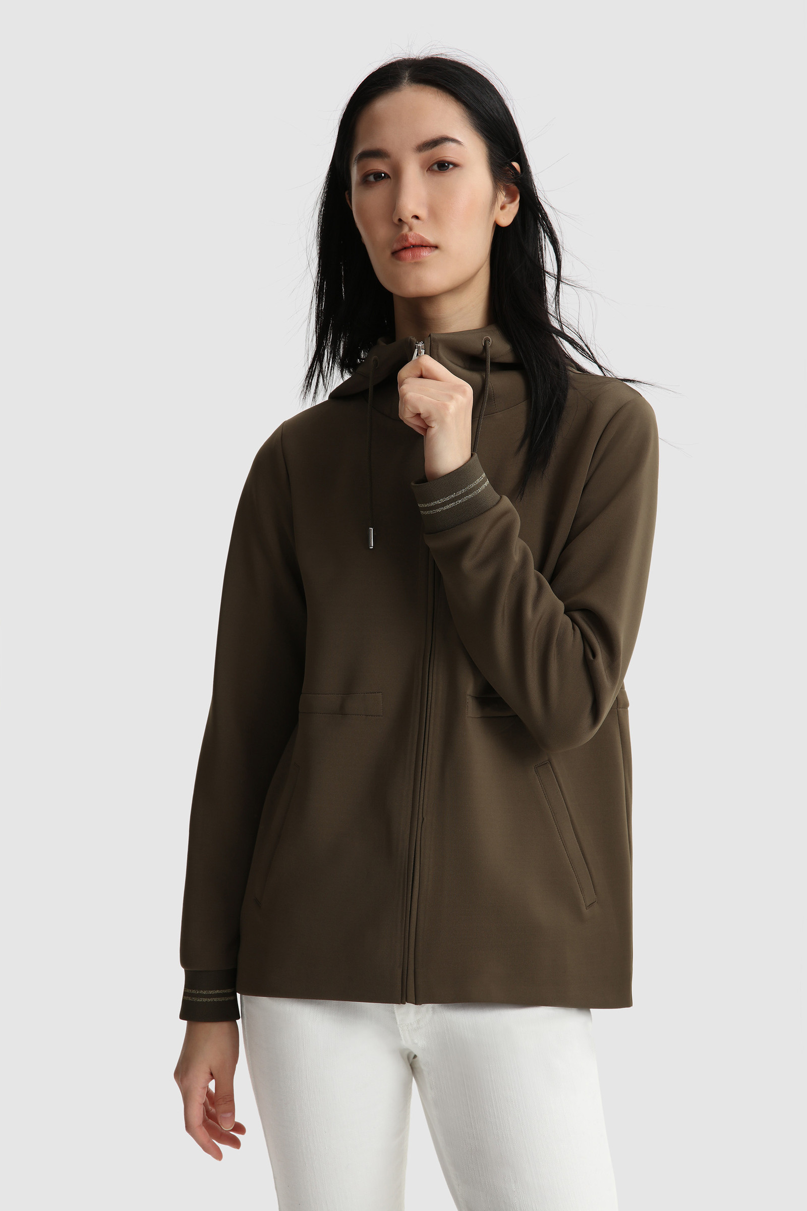 Stretch Cotton Full-Zip Hoodie Green | Woolrich