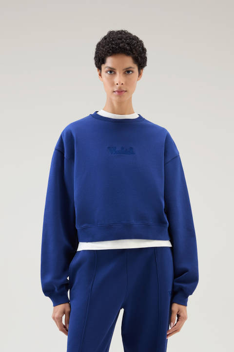 Sweat-shirt à col rond en pur coton avec logo brodé Bleu | Woolrich