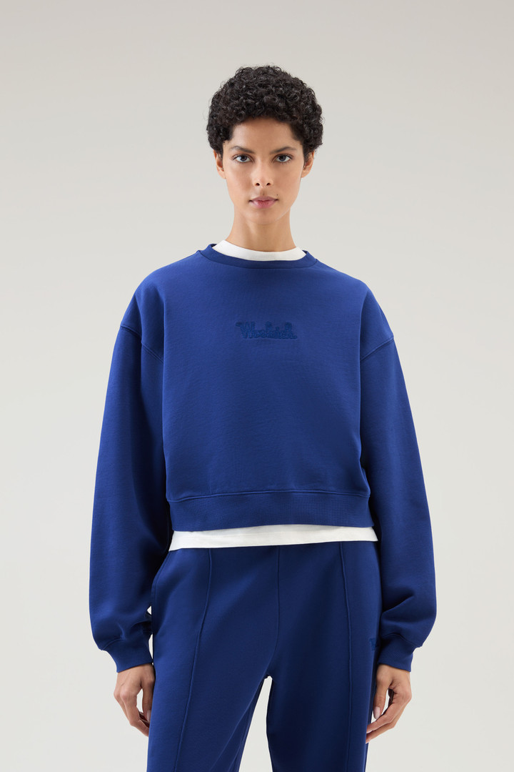 Sweat-shirt à col rond en pur coton avec logo brodé Bleu photo 1 | Woolrich