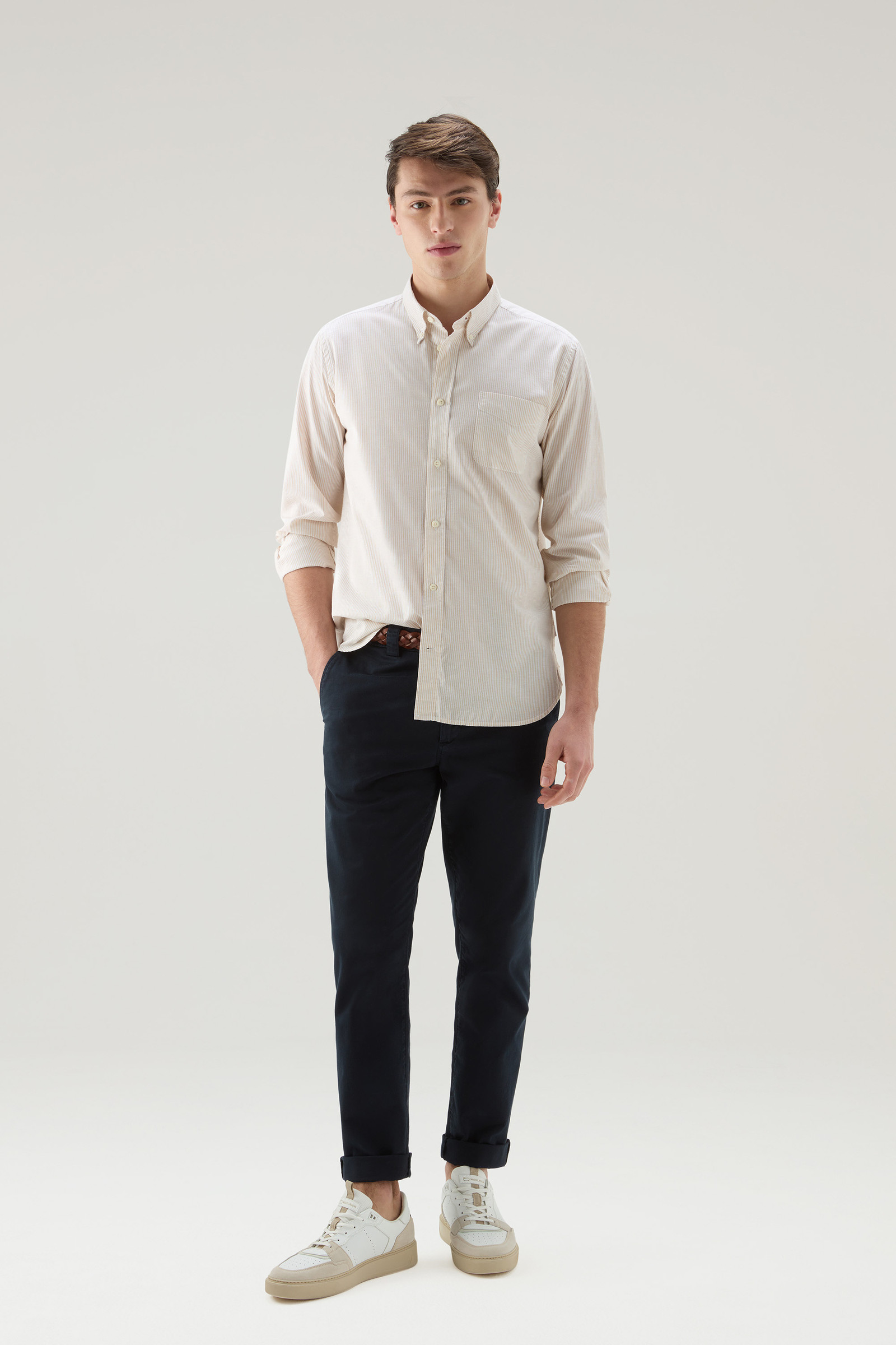 Chemise à rayures en lin et coton mélangés beige photo 2 | Woolrich