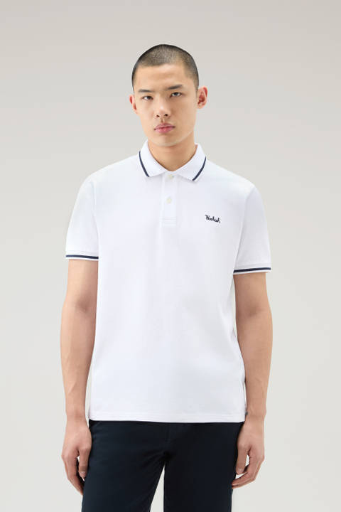 Monterey Polo Shirt in Stretch Cotton Piquet with Striped Edges White | Woolrich