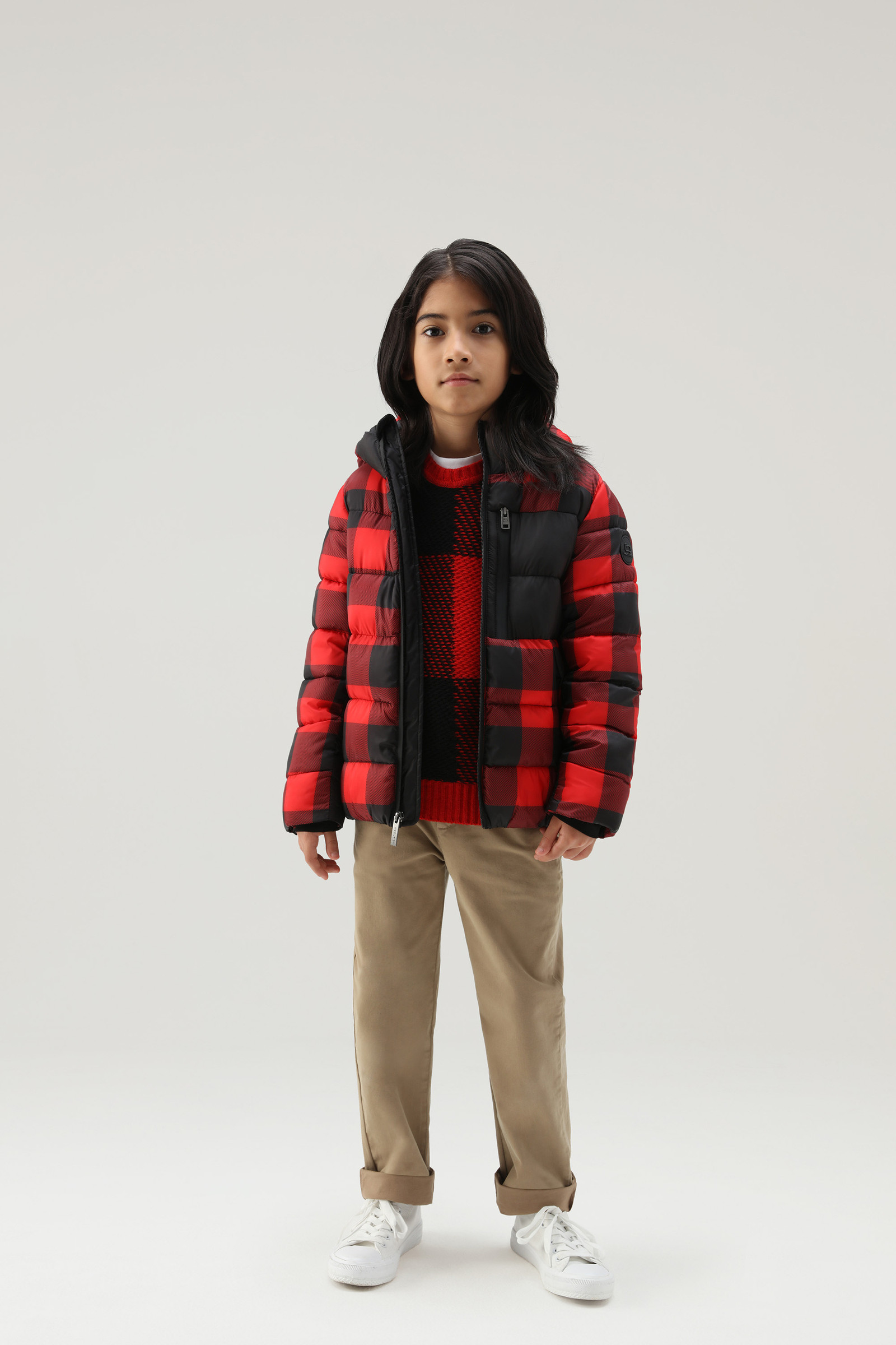 Buffalo Check Boys' Crewneck in Merino Wool Blend Red photo 2 | Woolrich