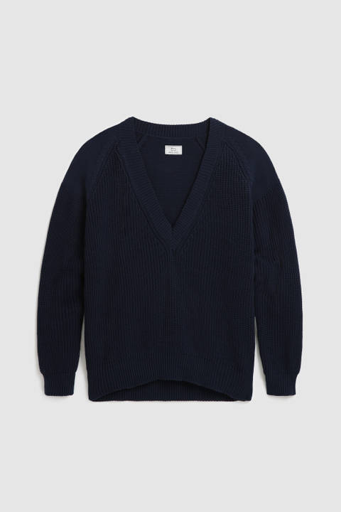 V-Neck Sweater in Soft Cotton Blue | Woolrich