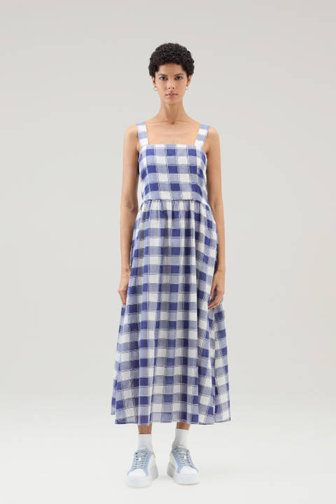 Long Dress in Pure Cotton Checked Voile Blue | Woolrich
