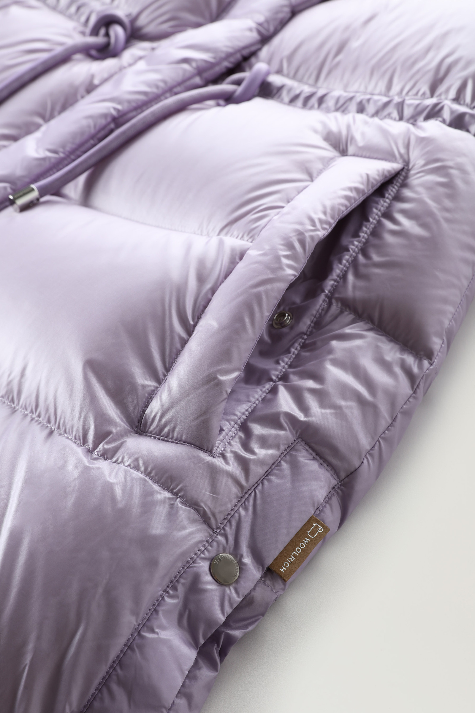 Aliquippa Long Down Jacket in Glossy Nylon with a Drawstring Waist Lilac photo 7 | Woolrich
