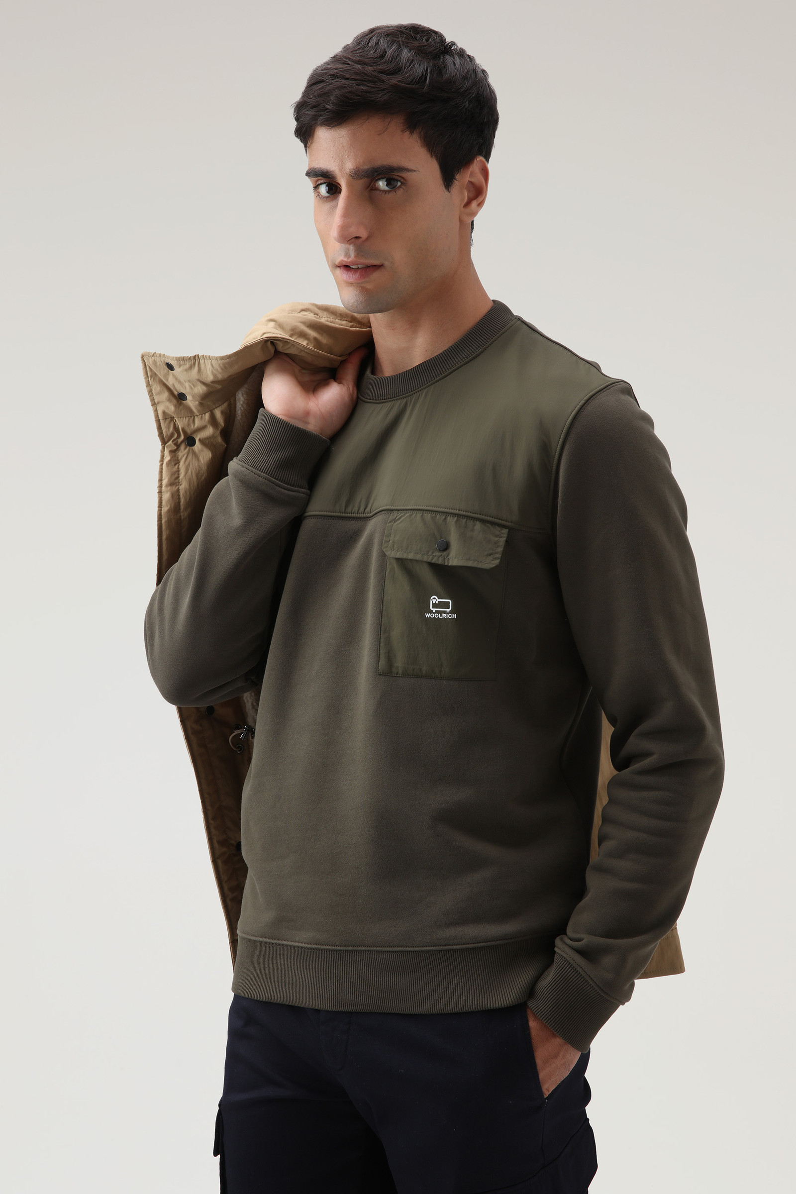 Crewneck Sweatshirt in Cotton and Taslan Nylon Green photo 3 | Woolrich