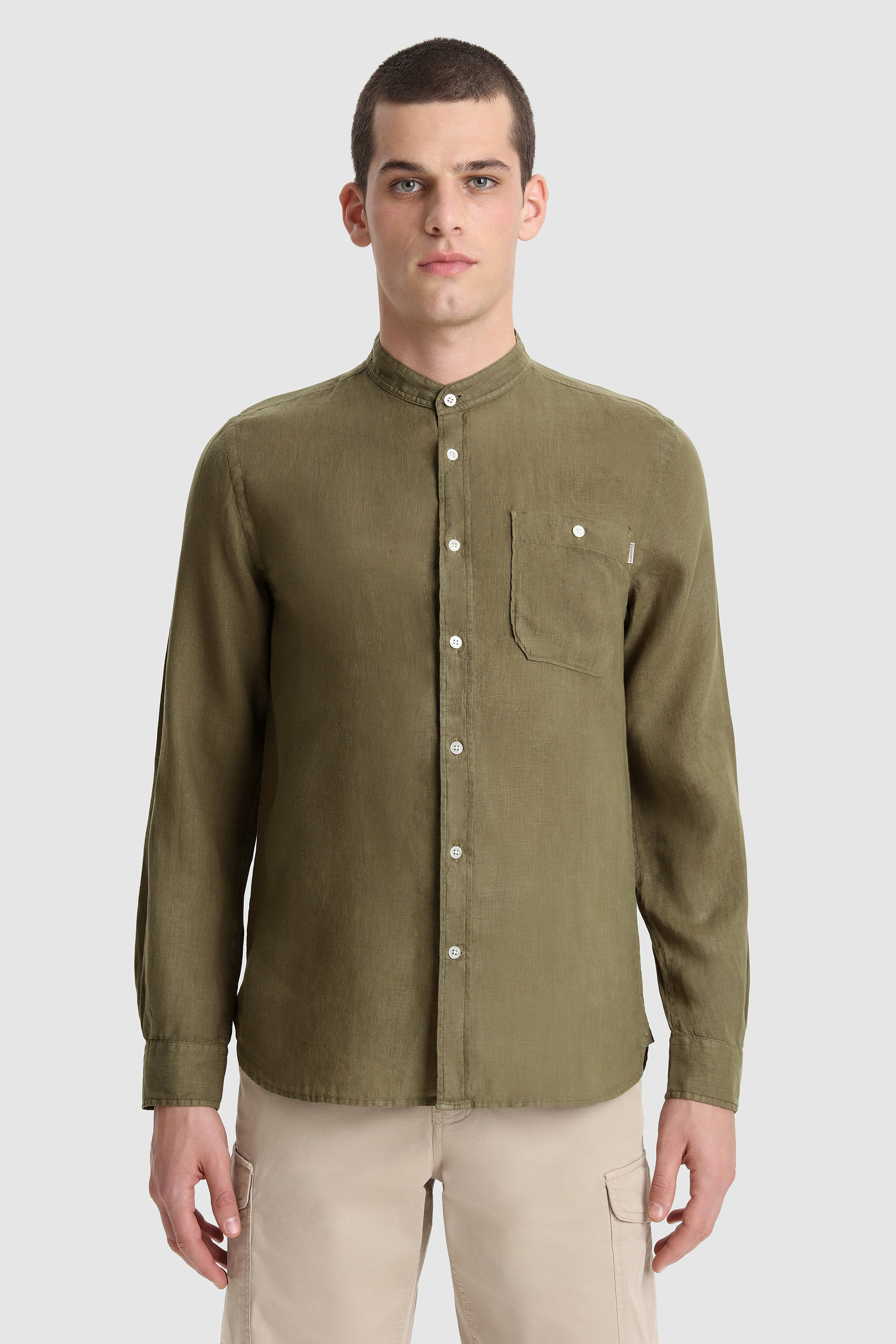 Men's Garment-Dyed Pure Linen Shirt with Band Collar Green | Woolrich CH