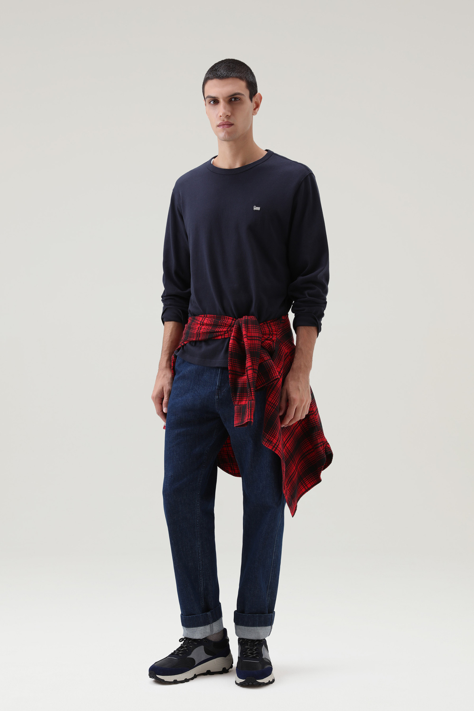 T-shirt in cotone a maniche lunghe con logo blu photo 2 | Woolrich