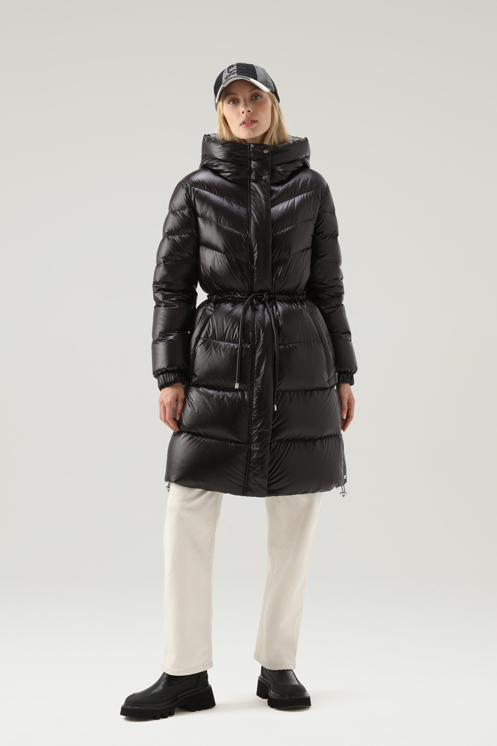 Women's Aliquippa Long Down Jacket in Glossy Nylon with a Drawstring ...
