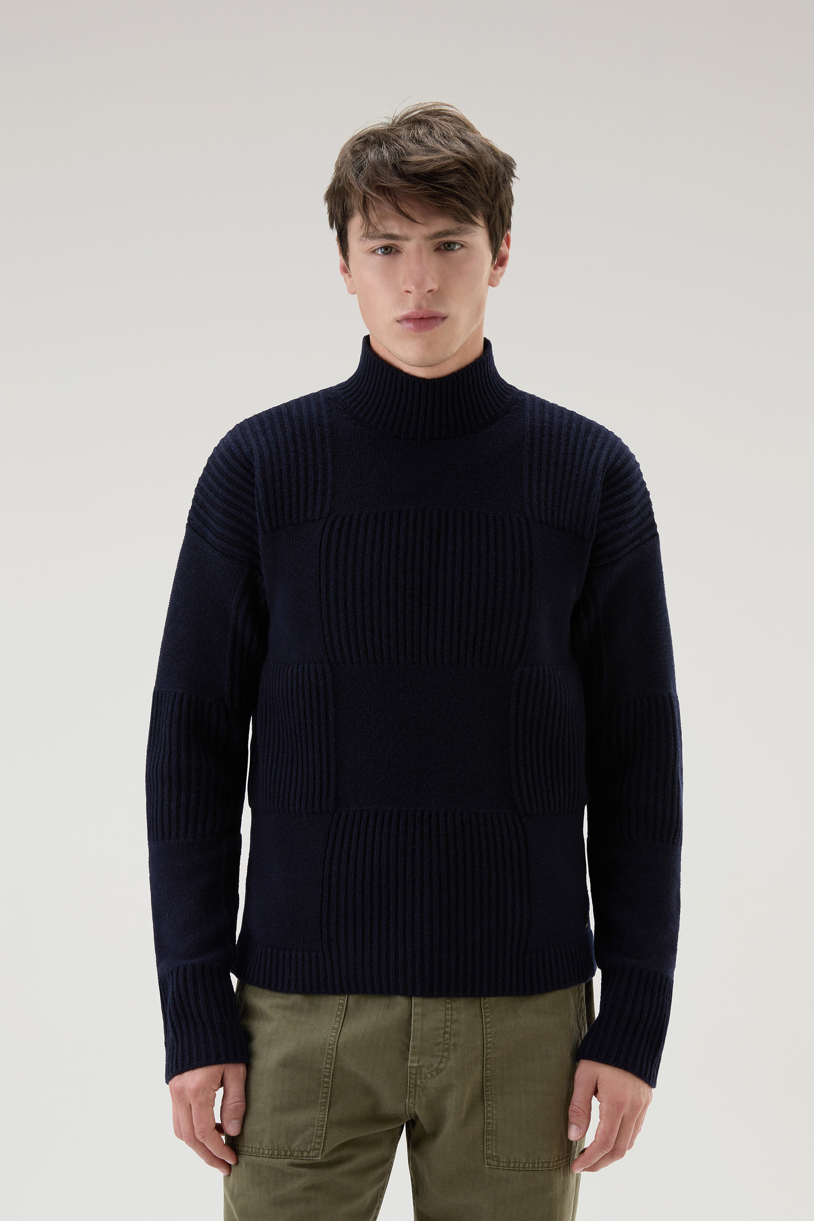 Check Turtleneck Sweater in Wool Blend Blue | Woolrich USA