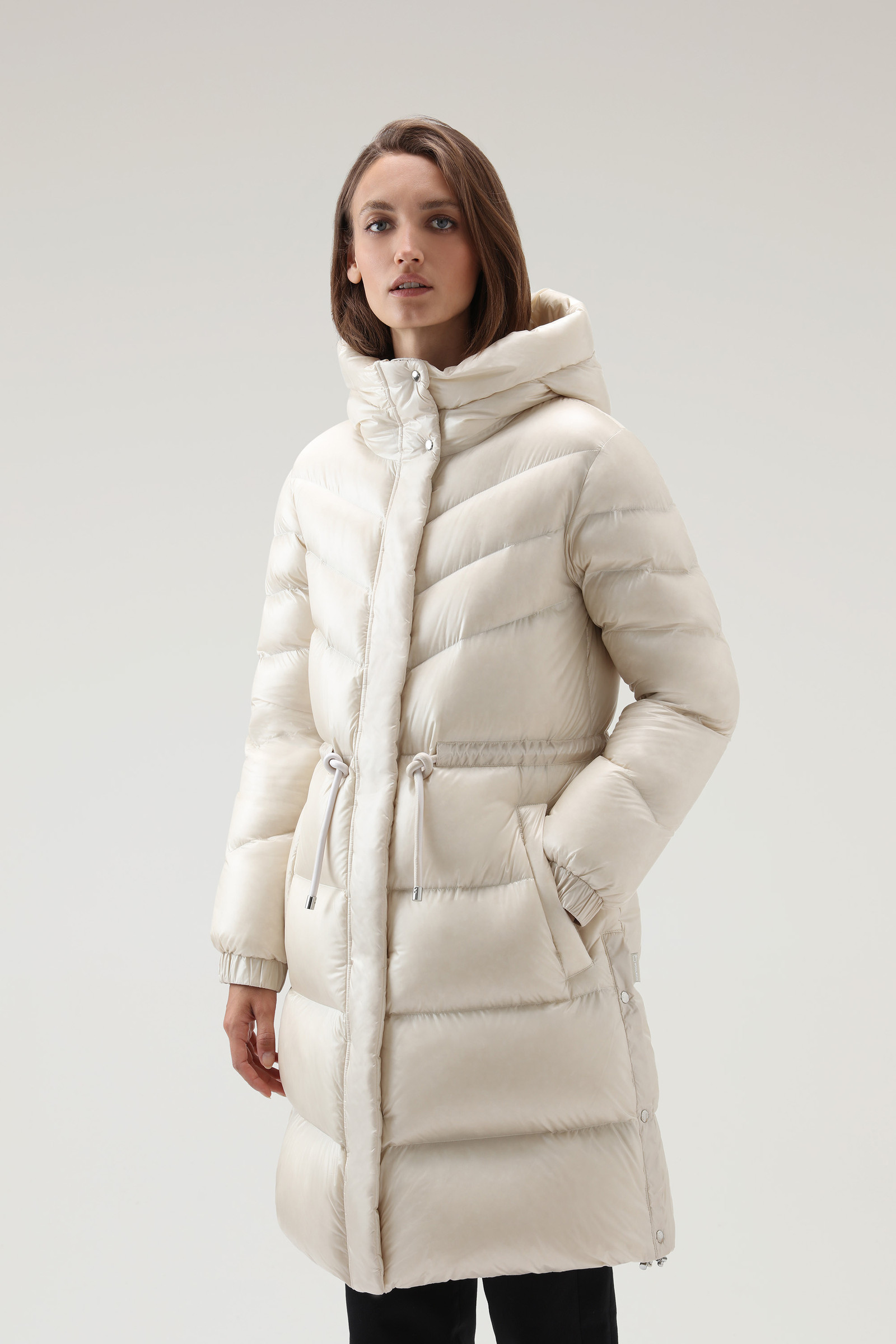 Aliquippa Long Down Jacket in Glossy Nylon with a Drawstring Waist White  Woolrich USA