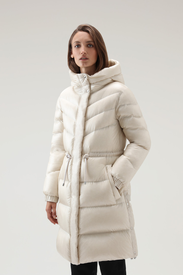 Aliquippa Silky Long Down Jacket with a Drawstring Waist - Women - White
