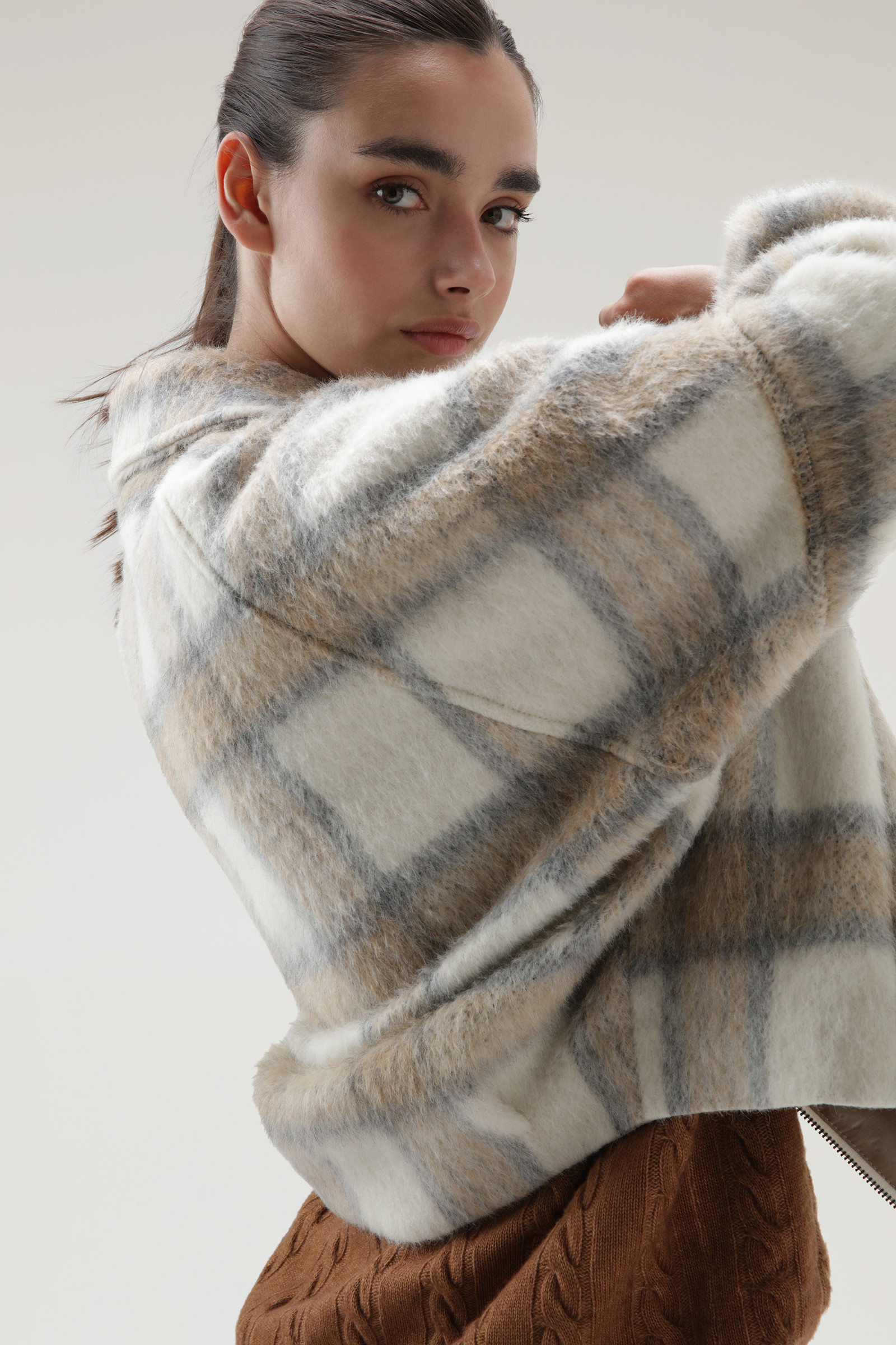 Women's Brushed Wool Blend Check Overshirt Beige | Woolrich USA