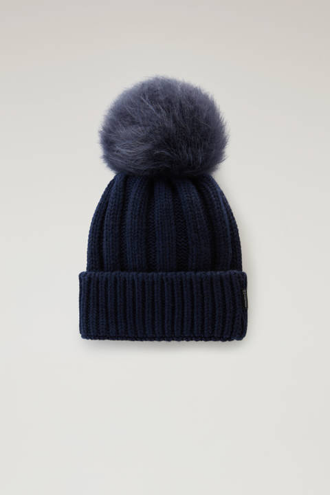 Girls' Beanie in Pure Virgin Wool with Cashmere Pom-Pom Blue | Woolrich