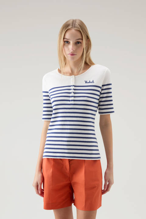 T-Shirt Serafino aus reiner gestreifter Baumwolle Blau | Woolrich