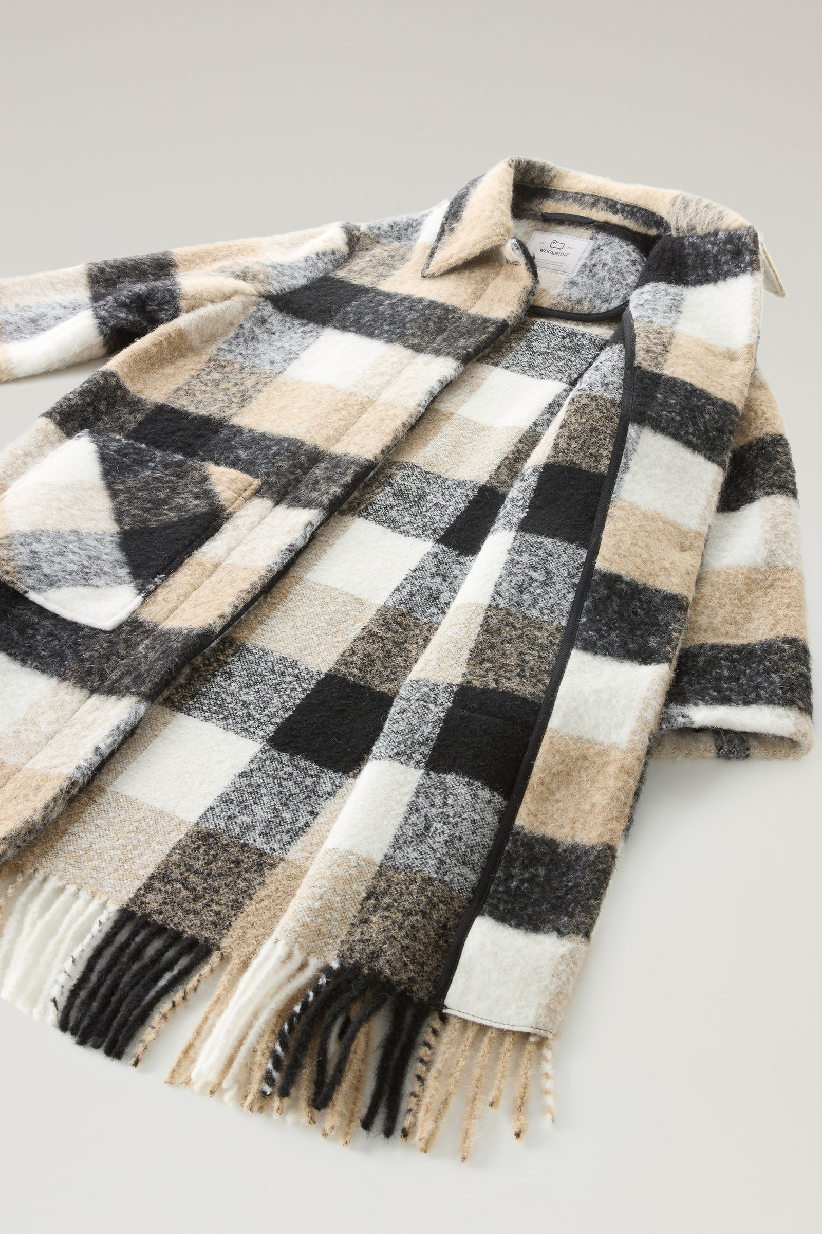 Long Check Overshirt wth Fringed Trim in Alpaca and Wool Blend Beige photo 8 | Woolrich