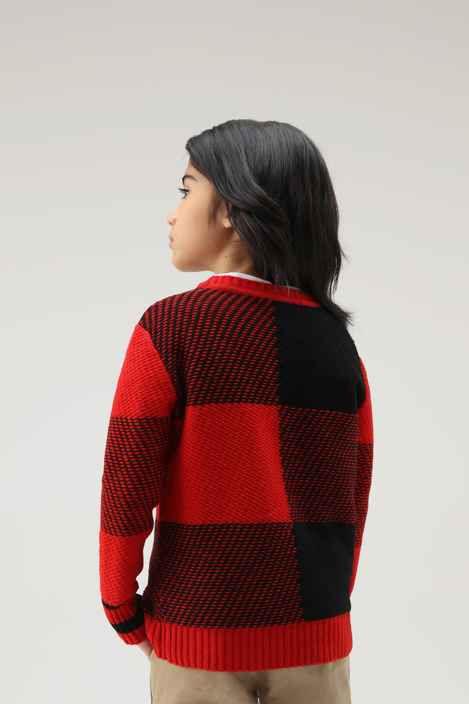 Buffalo Check Boys' Crewneck in Merino Wool Blend Red photo 3 | Woolrich