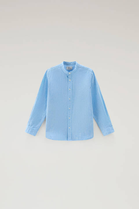 Boys' Band Collar Shirt in Cotton-Linen Blend Blue | Woolrich