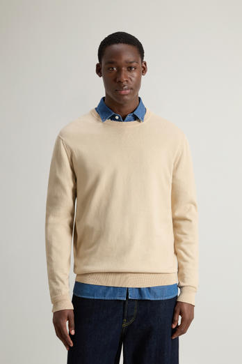 Crewneck Sweater in Pure Cotton with Embroidered Logo Beige | Woolrich