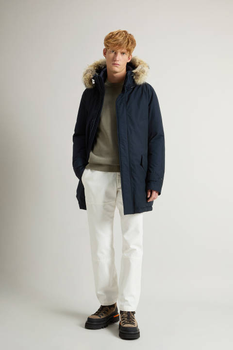 Polar Parka in Ramar Cloth with High Collar and Fur Trim Blue | Woolrich