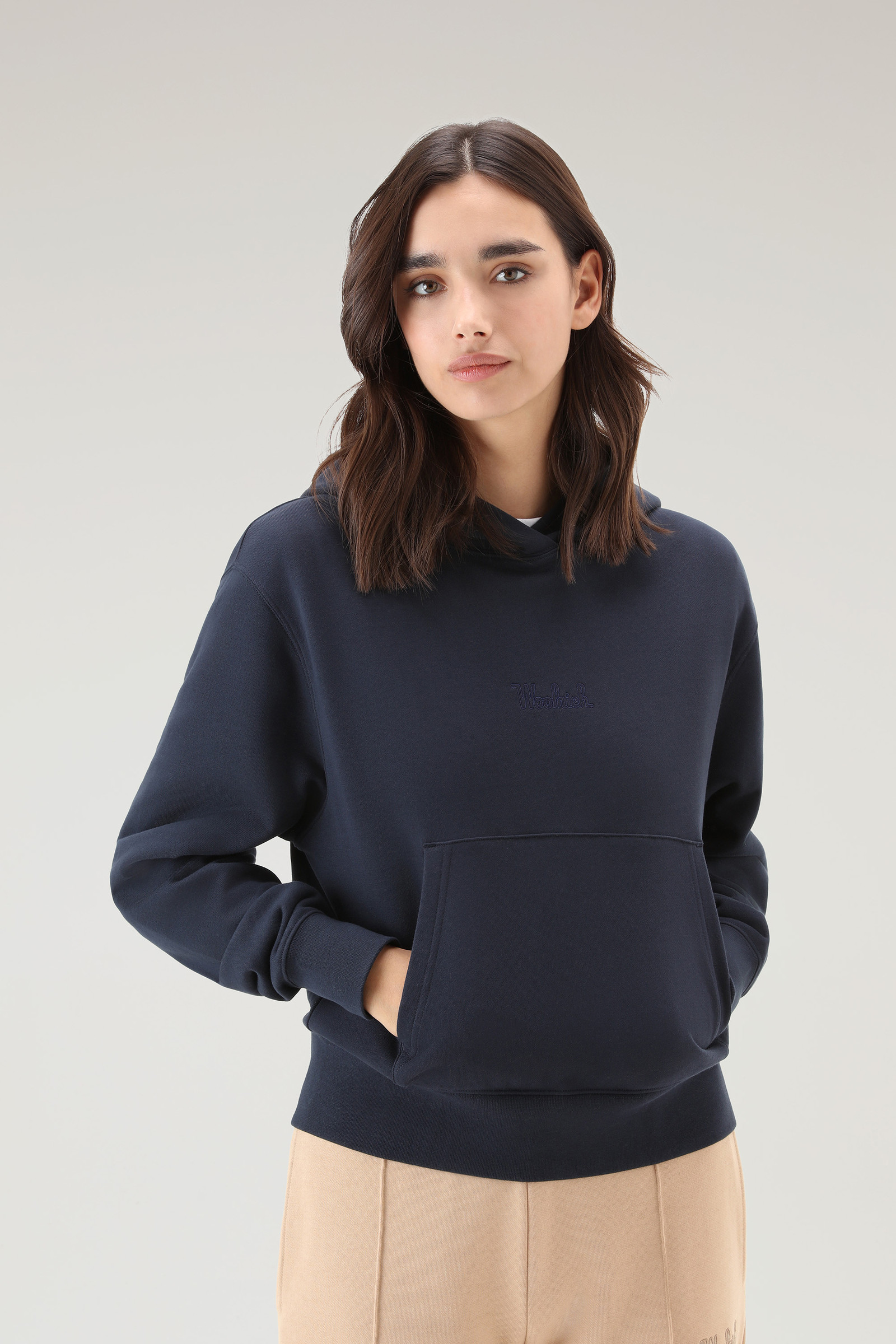 Felpa con cappuccio in puro cotone con logo ricamato blu | Woolrich