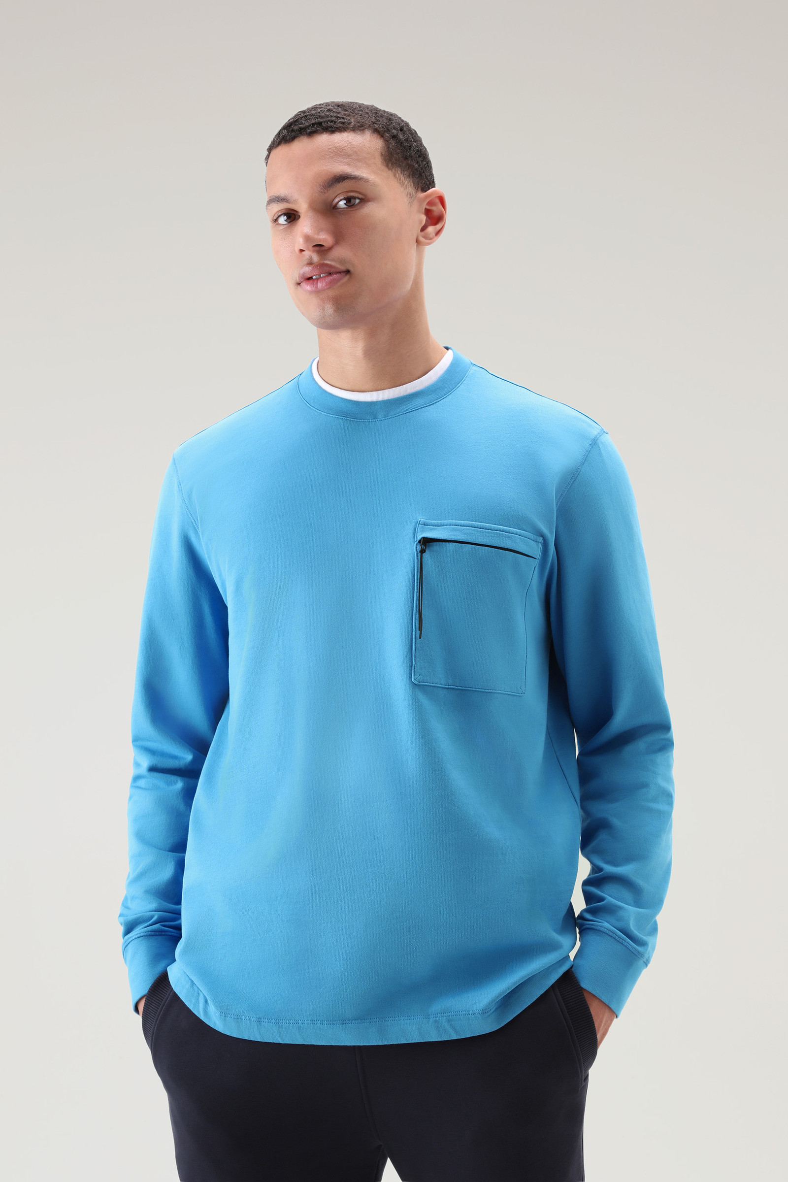 Sweater met ronde hals van zuiver katoenfleece met ritszak blauw | Woolrich