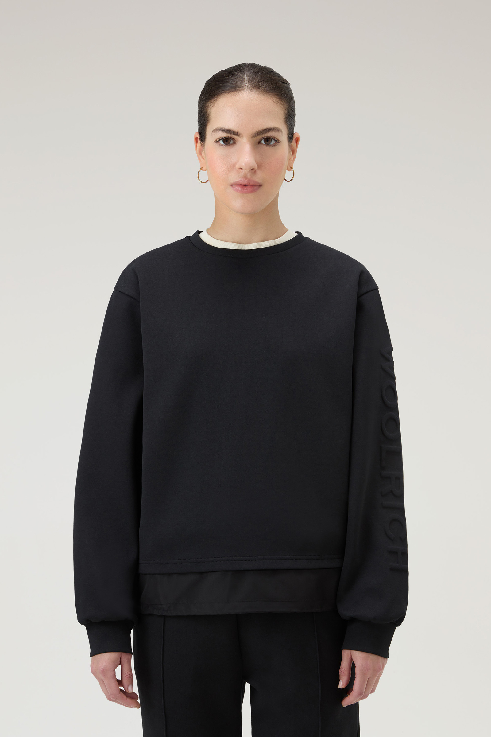 Women's Crewneck in Mixed Cotton with Nylon Details Black | Woolrich USA