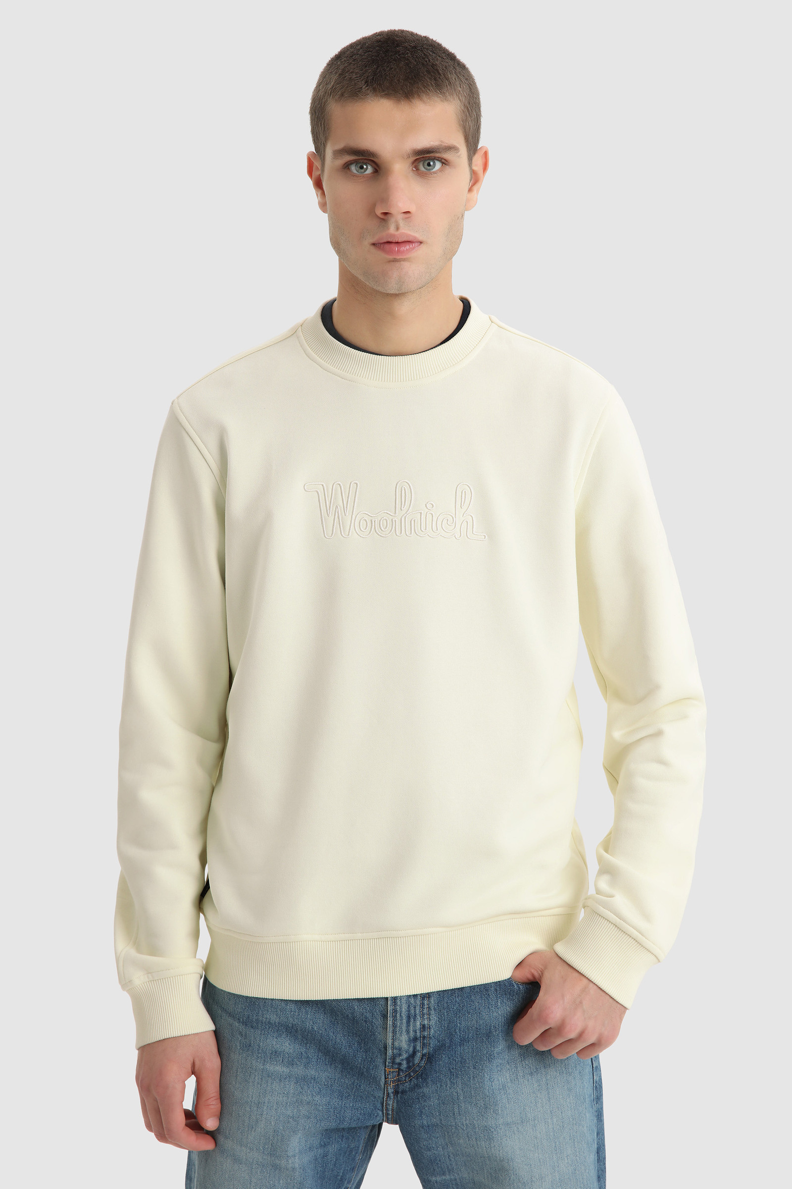 Felpa girocollo in cotone con logo vintage ricamato bianco | Woolrich