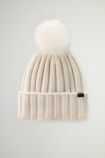 Beanie aus Merino-Schurwolle mit abnehmbarem Pompon aus Kaschmirwolle Weiß | Woolrich