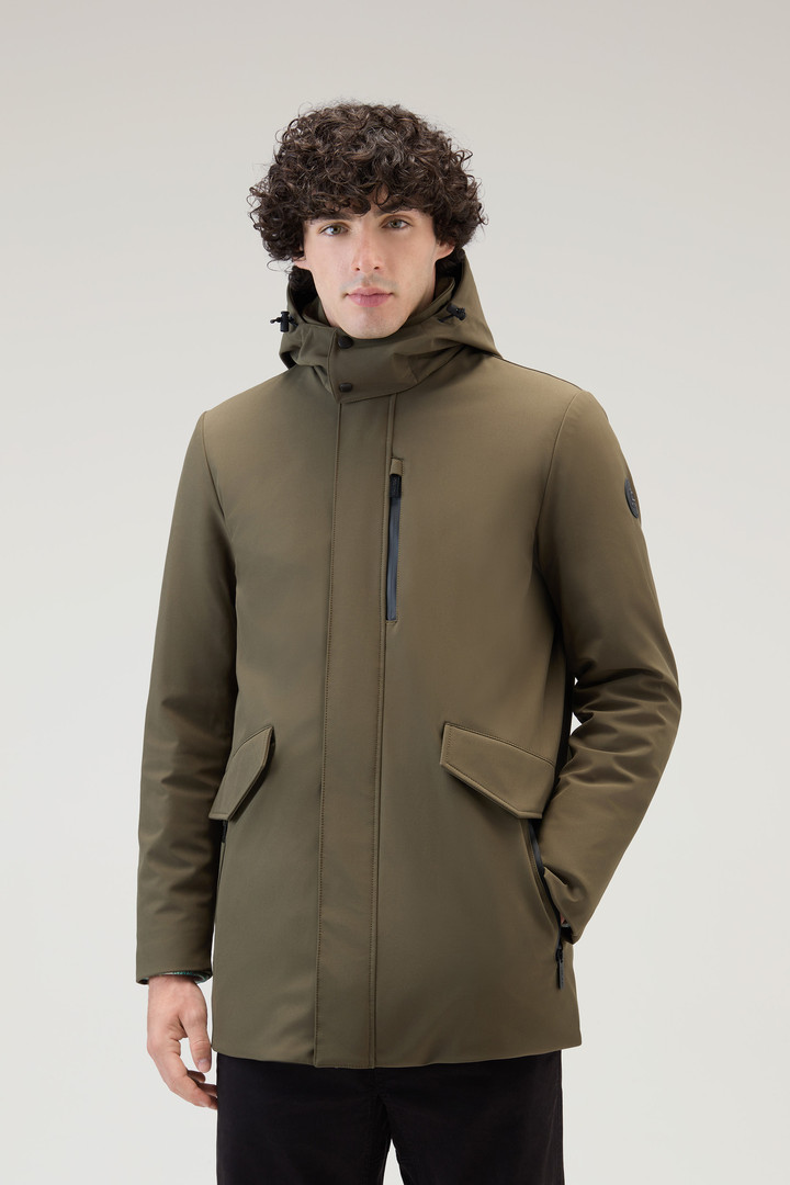 Woolrich Men Barrow Mac Coat in Tech Softshell Green Size M