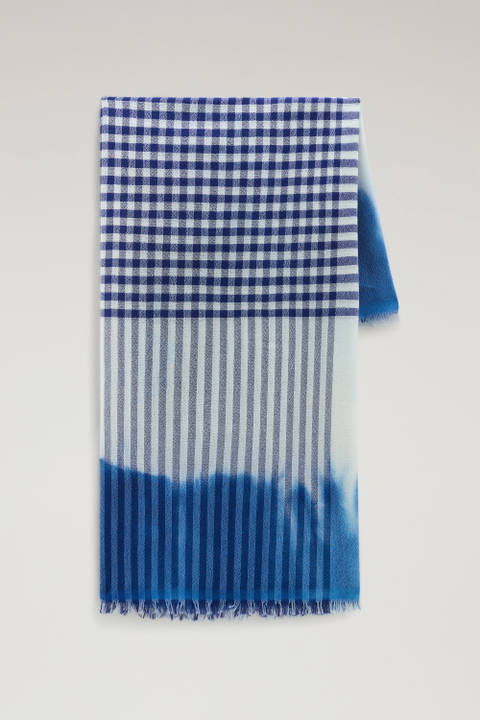 Wool and Cotton Blend Scarf with Micro-Check Pattern Blue | Woolrich