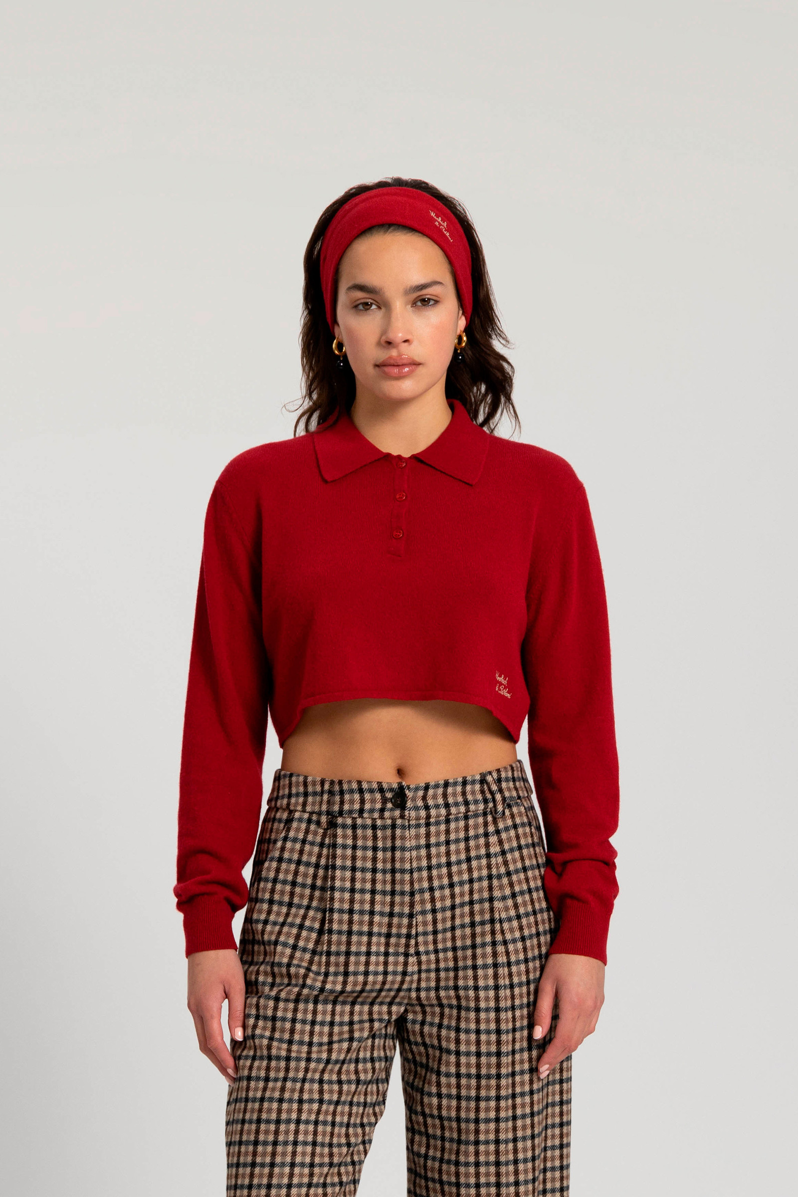 Bauchfreies Poloshirt aus einer Schurwollemischung mit passendem Band - Daniëlle Cathari / Woolrich rot | Woolrich