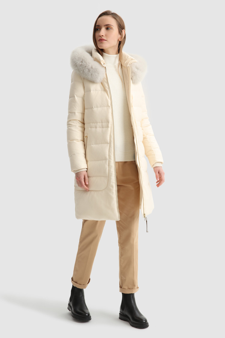 Parka lungo in lana e seta con pelliccia