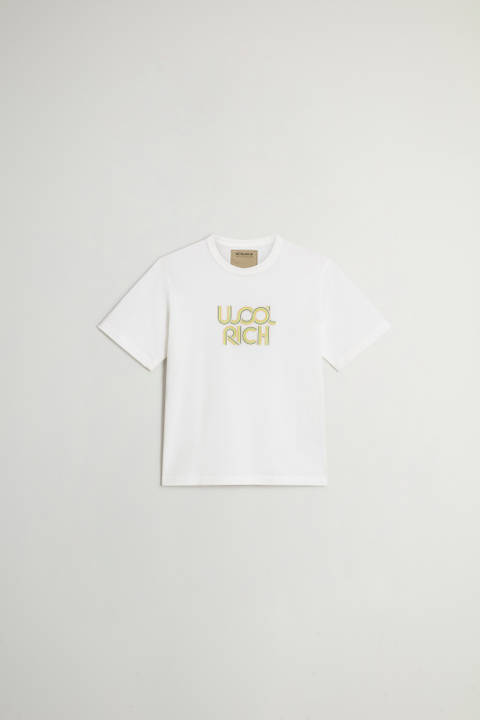 T-shirt pour garçon en pur coton avec logo imprimé sur la poitrine Blanc | Woolrich