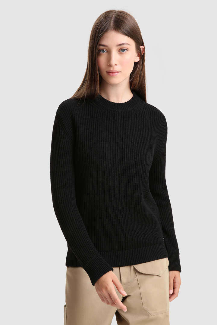 Women's Ribbed virgin merino wool Crewneck Sweater Black | Woolrich