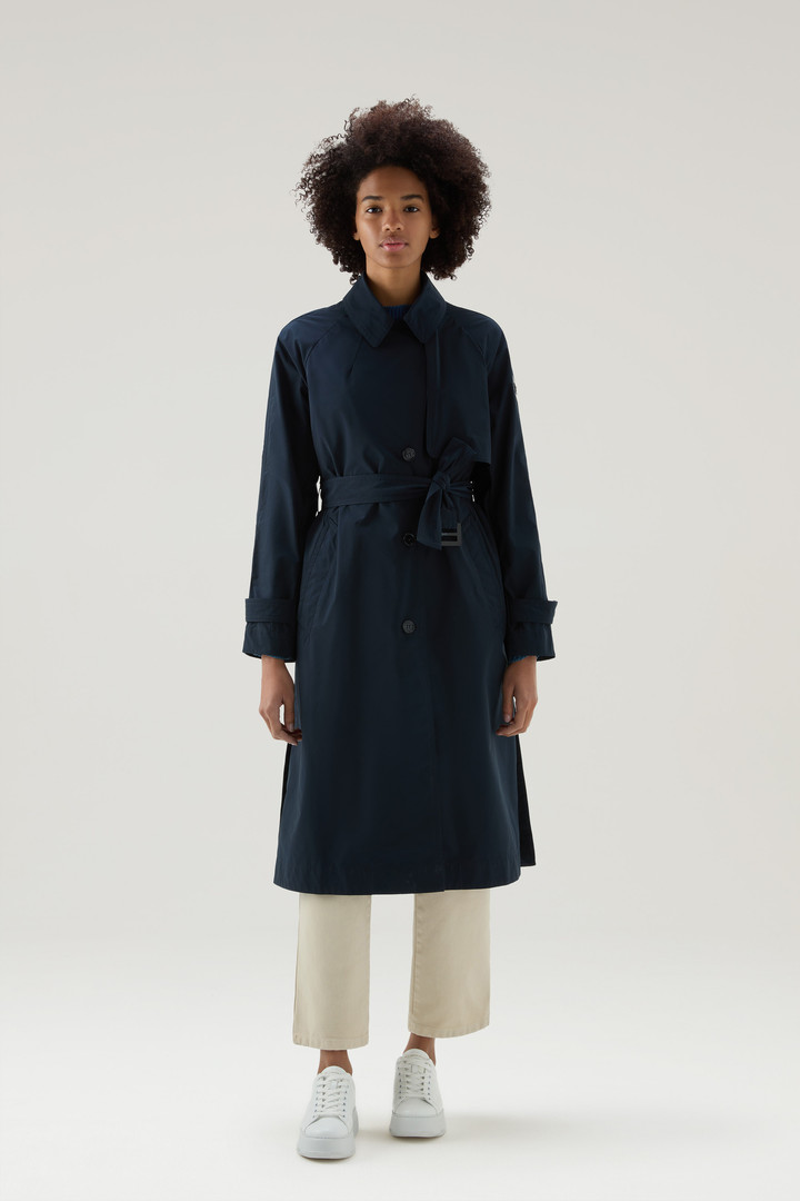 Woolrich Women Trench Coat in Urban Touch Fabric with Belted Waist Blue Size S