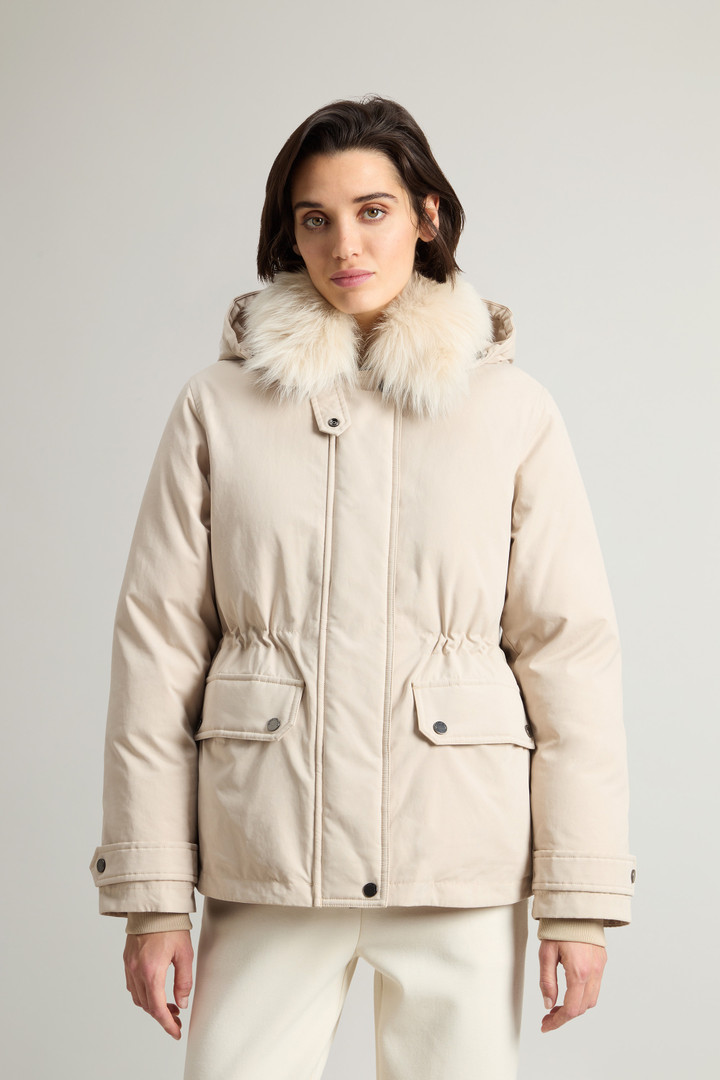 Short Arctic Parka in Mountain Cloth with Removable Hood and Fur Women Beige