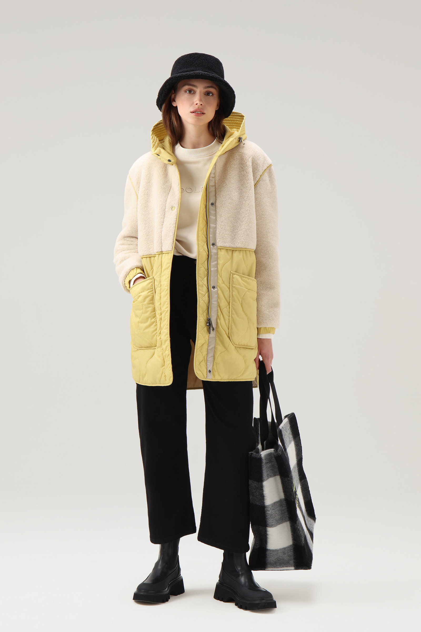 Alba Parka in Crinkle Nylon and Sherpa - Women - Yellow