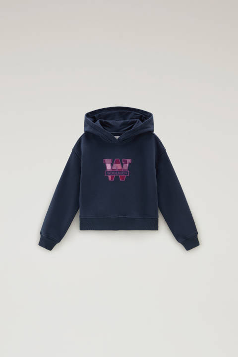 Girls' Hoodie in Pure Cotton with Embroidered Logo Blue | Woolrich
