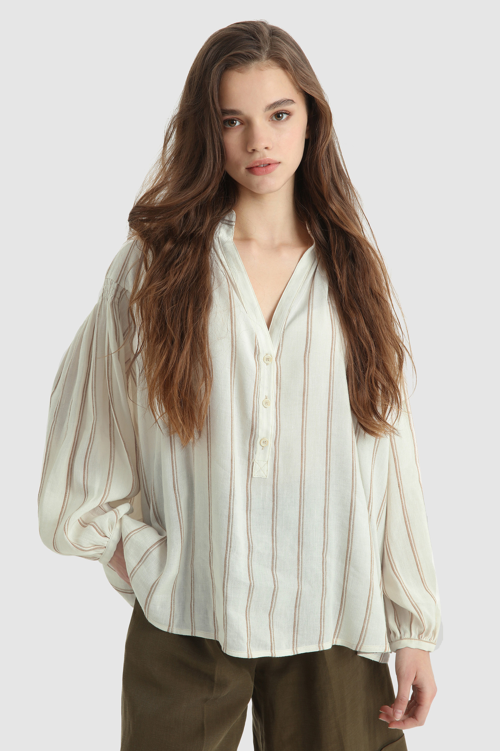 Chemisier à rayures en lin mélangé blanc | Woolrich