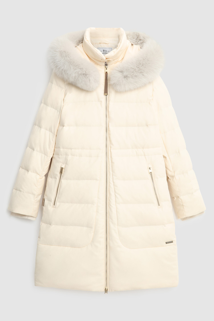 Parka lungo in lana e seta con pelliccia
