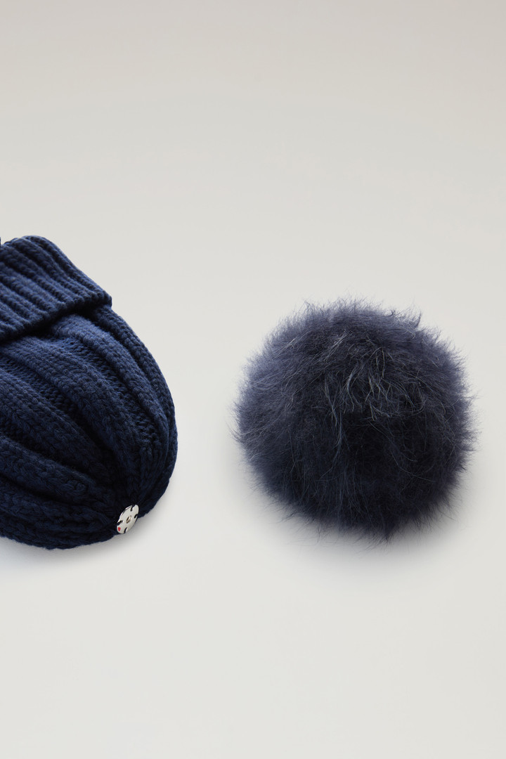 Girls' Beanie in Pure Virgin Wool with Cashmere Pom-Pom Blue photo 4 | Woolrich