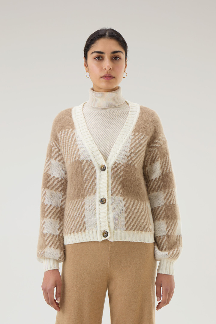 Women's Buffalo Check Cardigan in Wool and Mohair Blend White