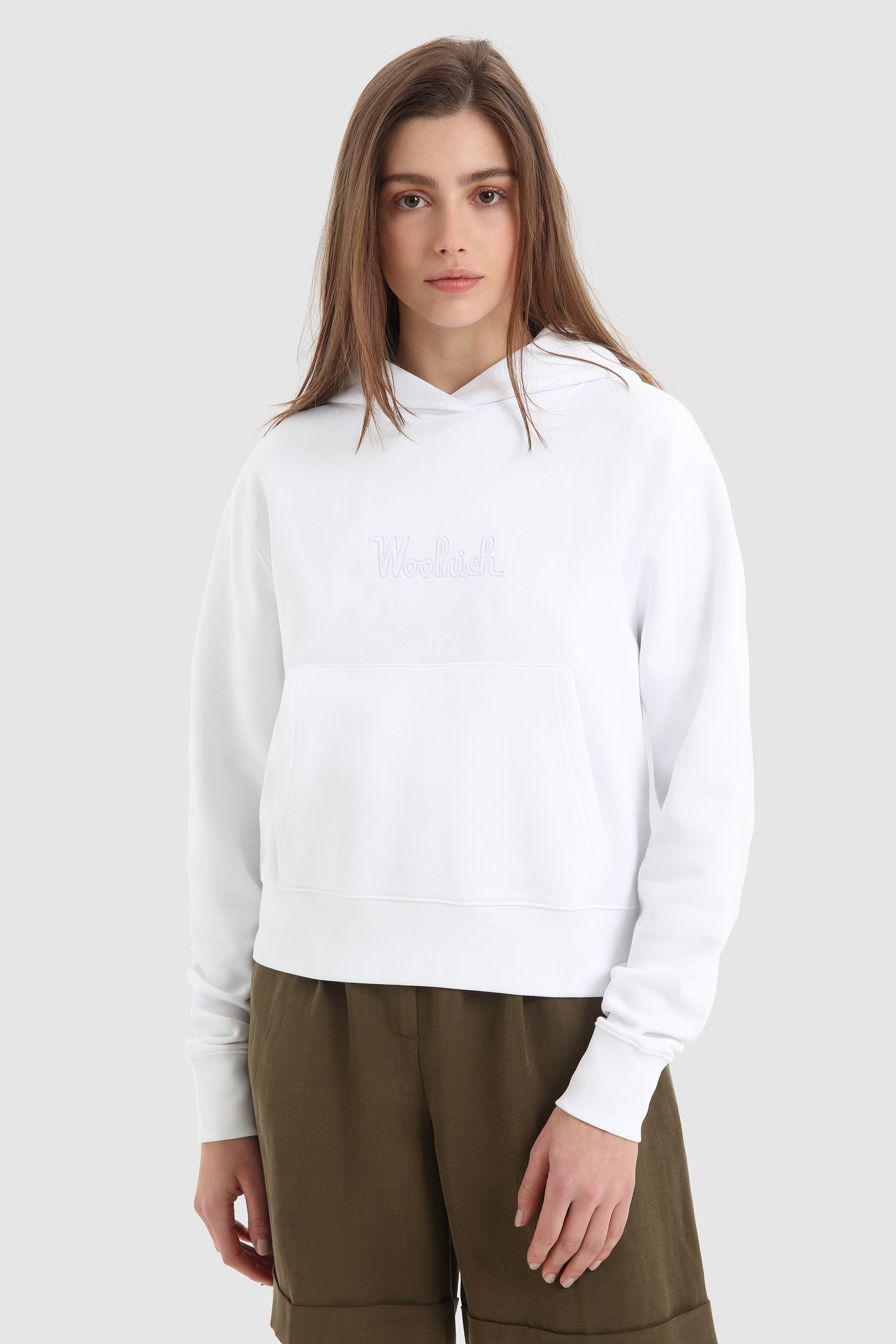 Fleece Hoodie with Embroidered Vintage Logo White | Woolrich